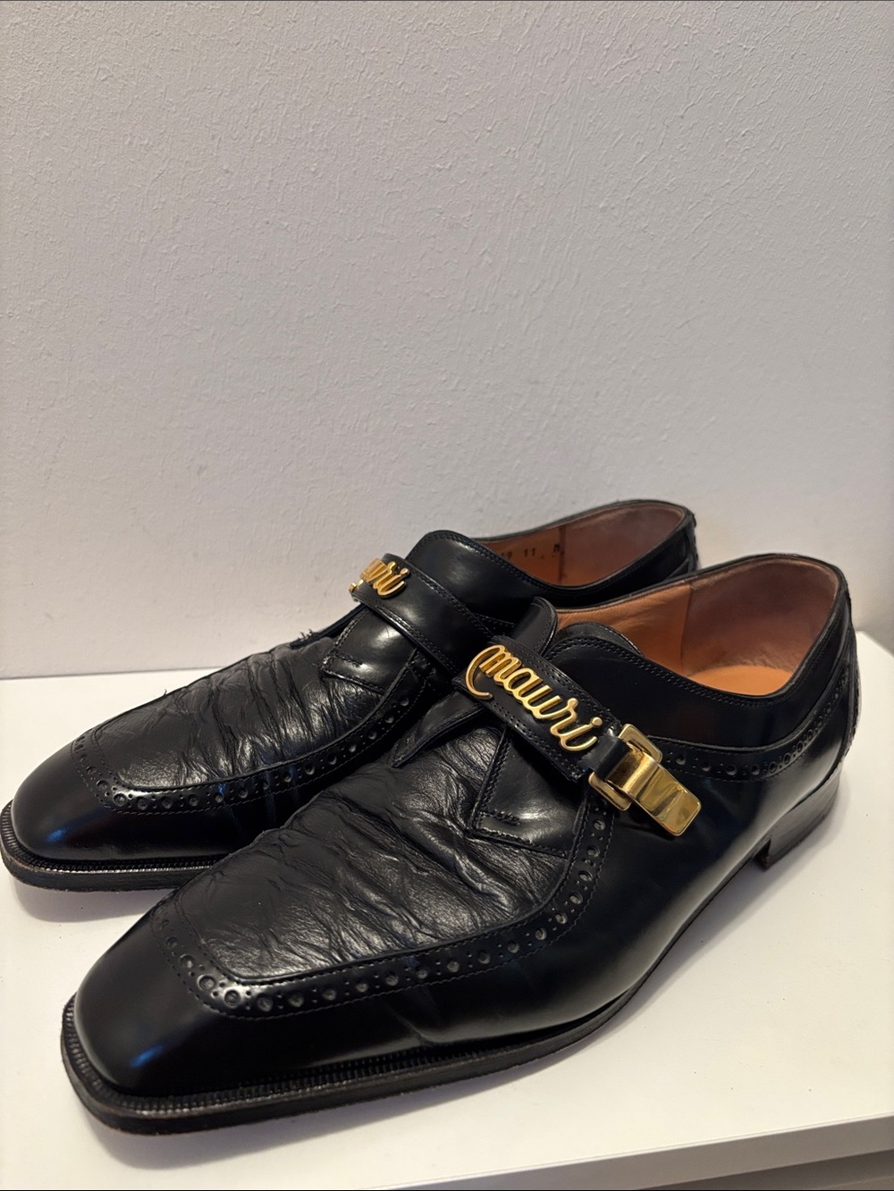 Men's Italian Black Leather Dress Loafers with Gold Accent MAURI 11